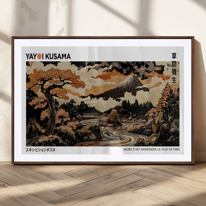 96372548-MGC-FP-36x24_Walnut-Japanese Landscape Wall Art Print – Mt. Fuji Poster with Bonsai Tree & River, Ukiyo-e Inspired Modern Japanese Artwork, Autumn