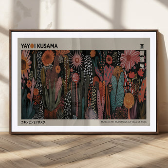 28344895-MGC-FP-36x24_Walnut-Dark Floral Abstract Wall Art Poster – Modern Botanical Canvas Print with Beige Border, Kusama Inspired Boho Flower Painting,