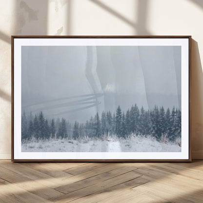 33033082-MGC-FP-36x24_Walnut-Winter Forest Art Wall Art Canvas Print, Framed Snowy Landscape Art Picture Print, Misty Tree Scene Perfect Nordic Minimalist