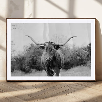 97280319-MGC-FP-36x24_Walnut-Longhorn Photography Wall Art Canvas Print, Framed Western Cow Decor Art Picture Print, Texas Ranch Style Perfect Rustic Farmhouse