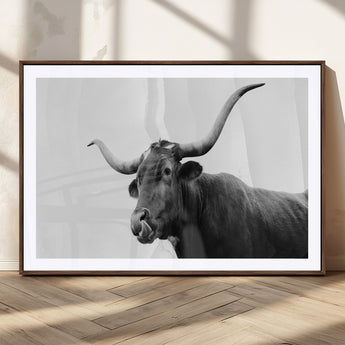 99244177-MGC-FP-36x24_Walnut-Longhorn Photography Wall Art Canvas Print, Framed Western Cow Decor Art Picture Print, Black White Bull Perfect Modern Rustic