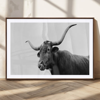 99244177-MGC-FP-36x24_Walnut-Longhorn Photography Wall Art Canvas Print, Framed Western Cow Decor Art Picture Print, Black White Bull Perfect Modern Rustic