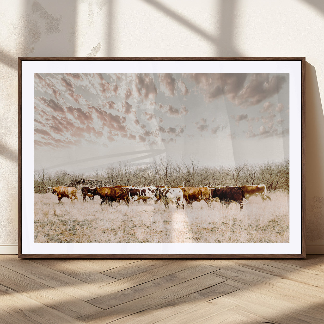57389417-MGC-FP-36x24_Walnut-Cow Herd Photography Wall Art Canvas Print, Framed Rustic Farmhouse Decor Art Picture Print, Western Ranch Style Perfect Rustic
