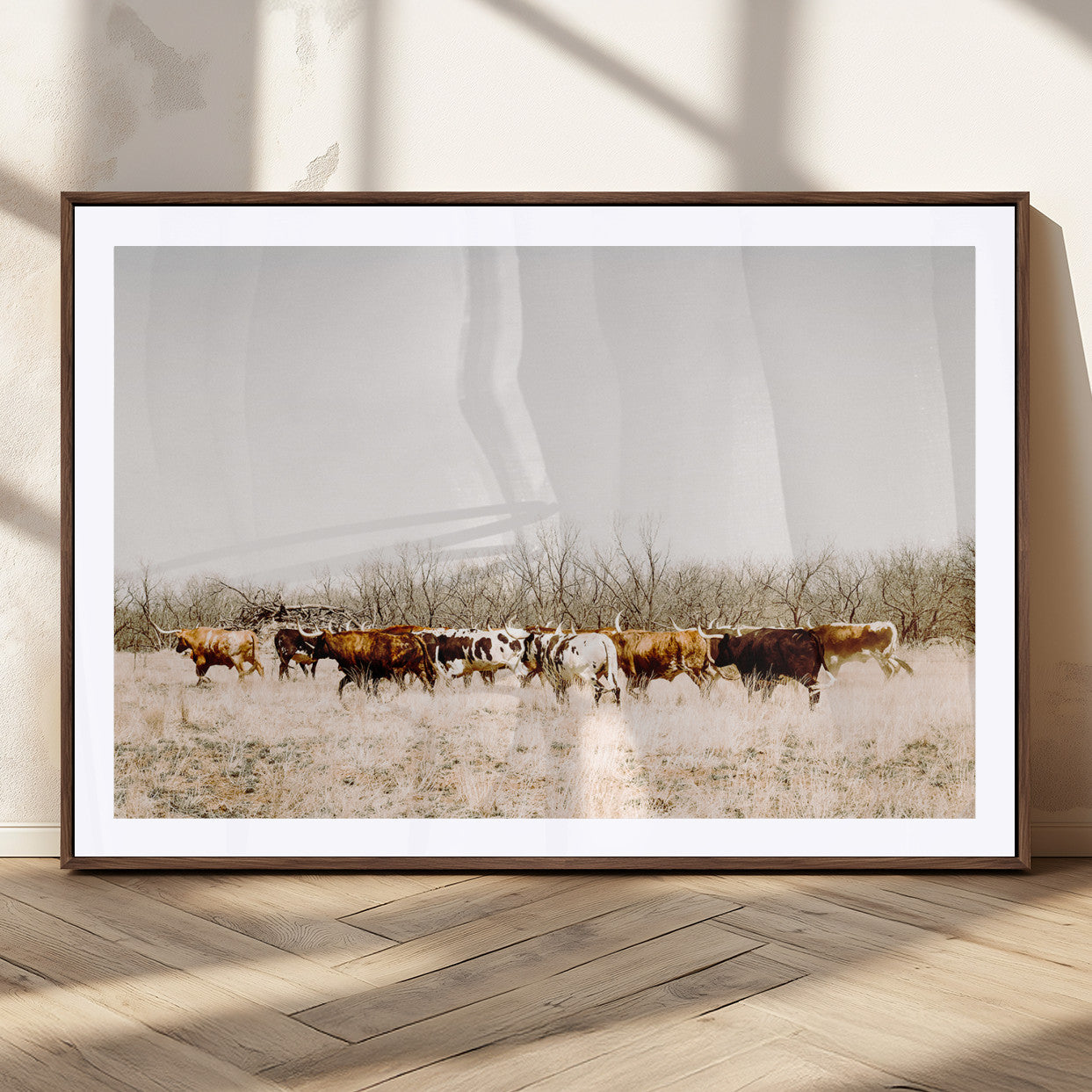 12454132-MGC-FP-36x24_Walnut-Cow Herd Photography Wall Art Canvas Print, Framed Rustic Farmhouse Decor Art Picture Print, Western Ranch Style Perfect Rustic