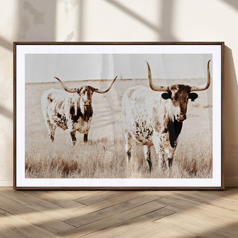 39672786-MGC-FP-36x24_Walnut-Rustic Cow Scene Wall Art Canvas Print, Framed Farmhouse Style Cattle Art Picture Print, Prairie Animal Duo Perfect Rustic Western