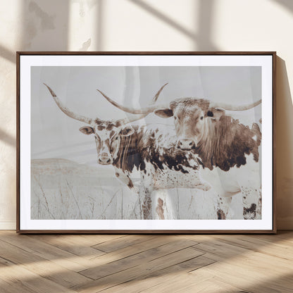 48161868-MGC-FP-36x24_Walnut-Longhorn Cow Decor Wall Art Canvas Print, Framed Rustic Cattle Art Picture Print, Sepia Western Vibe Perfect Neutral Rustic