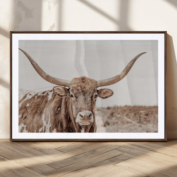 77810049-MGC-FP-36x24_Walnut-Longhorn Bull Photo Wall Art Canvas Print, Framed Rustic Cow Decor Art Picture Print, Neutral Farmhouse Style Perfect Rustic
