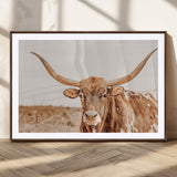 74406977-MGC-FP-36x24_Walnut-Longhorn Bull Decor Wall Art Canvas Print, Framed Western Cow Theme Art Picture Print, Rustic Farmhouse Wall Perfect Neutral