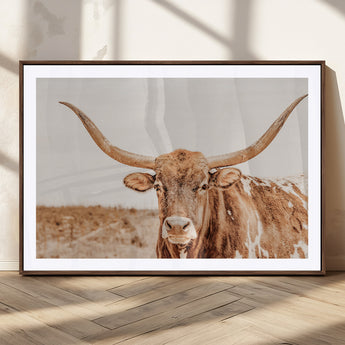 74406977-MGC-FP-36x24_Walnut-Longhorn Bull Decor Wall Art Canvas Print, Framed Western Cow Theme Art Picture Print, Rustic Farmhouse Wall Perfect Neutral