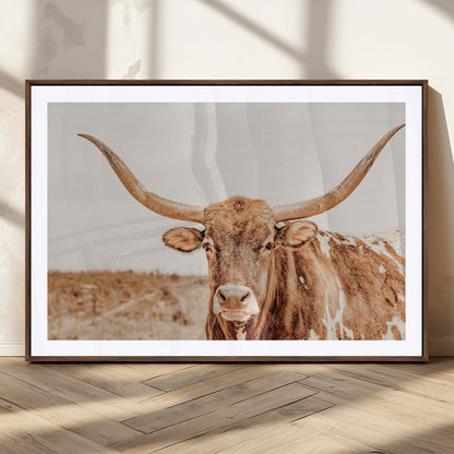 74406977-MGC-FP-36x24_Walnut-Longhorn Bull Decor Wall Art Canvas Print, Framed Western Cow Theme Art Picture Print, Rustic Farmhouse Wall Perfect Neutral