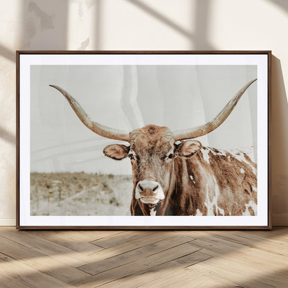 98924580-MGC-FP-36x24_Walnut-Texas Longhorn Bull Wall Art Canvas Print, Framed Rustic Farmhouse Decor Art Picture Print, Western Animal Theme Perfect Rustic