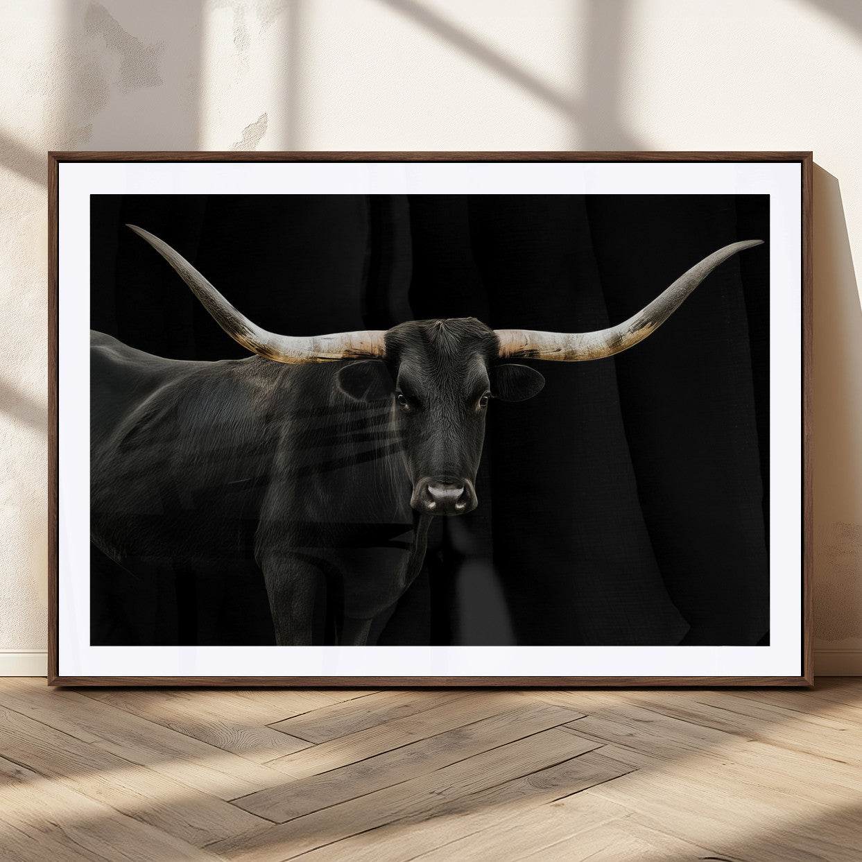 23572907-MGC-FP-36x24_Walnut-Texas Longhorn Wall Art Canvas Print, Framed Rustic Western Decor Art Picture Print, Farmhouse Animal Perfect Modern Western