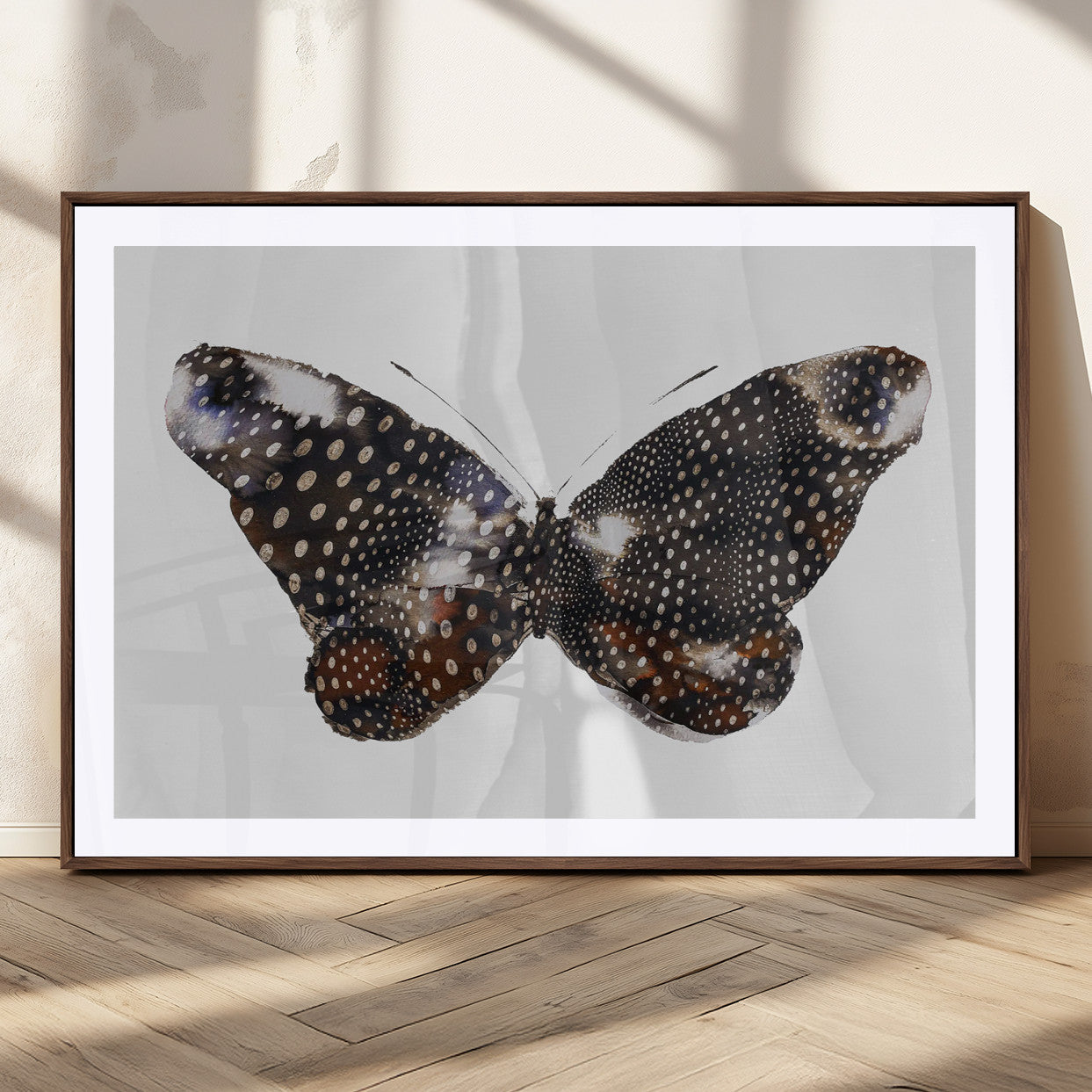 99831147-MGC-FP-36x24_Walnut-Spotted Butterfly Wall Art Canvas Print, Framed Neutral Insect Theme Art Picture Print, Earthy Wing Pattern Perfect Modern Rustic