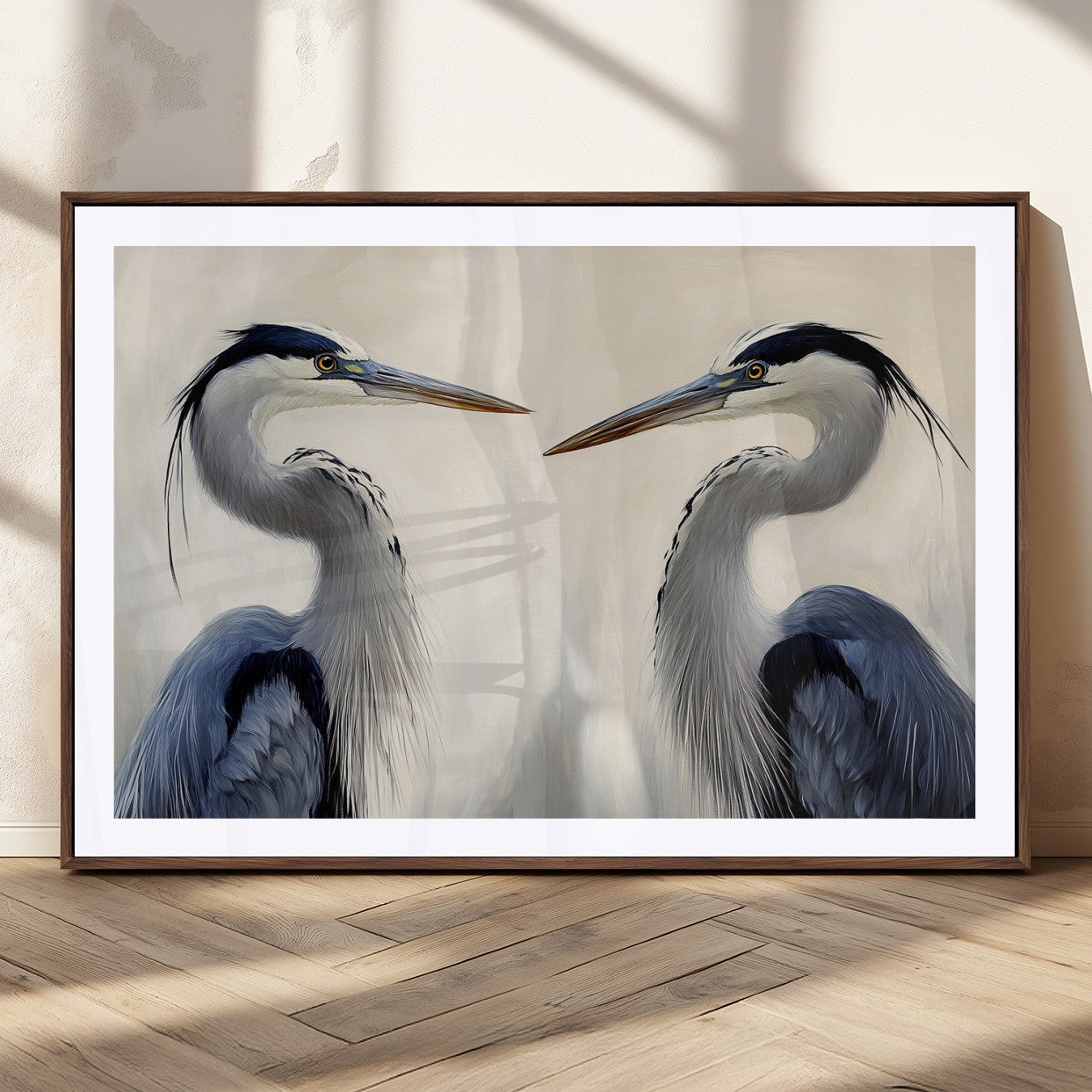 18230556-MGC-FP-36x24_Walnut-Blue Heron Pair Wall Art Canvas Print, Framed Coastal Bird Theme Art Picture Print, Tranquil Wildlife Scene Perfect Coastal