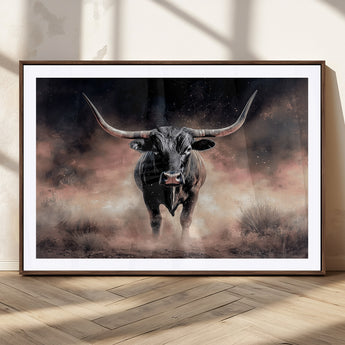 71457818-MGC-FP-36x24_Walnut-Longhorn Wall Art Wall Art Canvas Print, Framed Western Bull Canvas Art Picture Print, Rustic Cow Decor Perfect Western Dramatic