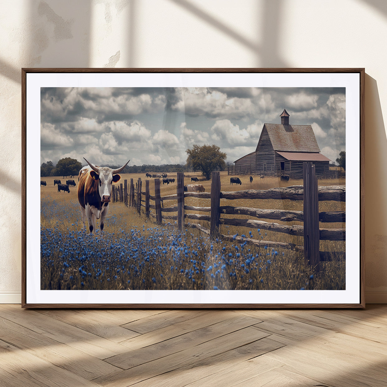 22296025-MGC-FP-36x24_Walnut-Texas Longhorn Canvas Wall Art Canvas Print, Framed Rustic Barn Wall Art Art Picture Print, Farmhouse Cow Decor Perfect Rustic
