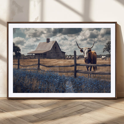51092814-MGC-FP-36x24_Walnut-Texas Longhorn Wall Art Wall Art Canvas Print, Framed Rustic Barn Canvas Art Picture Print, Farmhouse Cow Decor Perfect Rustic