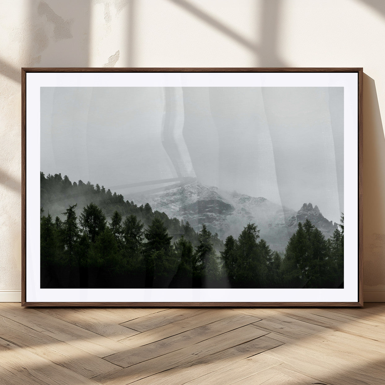 55968349-MGC-FP-36x24_Walnut-Misty Mountains Wall Art Canvas Print, Framed Foggy Forest Art Picture Print, Snowy Peaks Perfect Moody Wilderness Decor Artwork