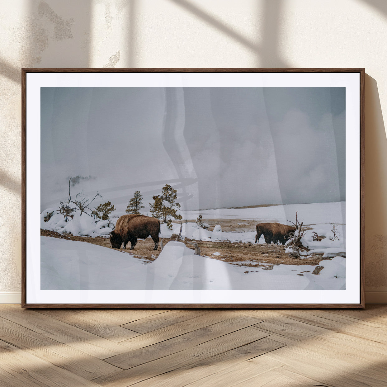 60308289-MGC-FP-36x24_Walnut-Bison Wildlife Wall Art Canvas Print, Framed Snowy Prairie Art Picture Print, Western Landscape Perfect Rustic Winter Decor