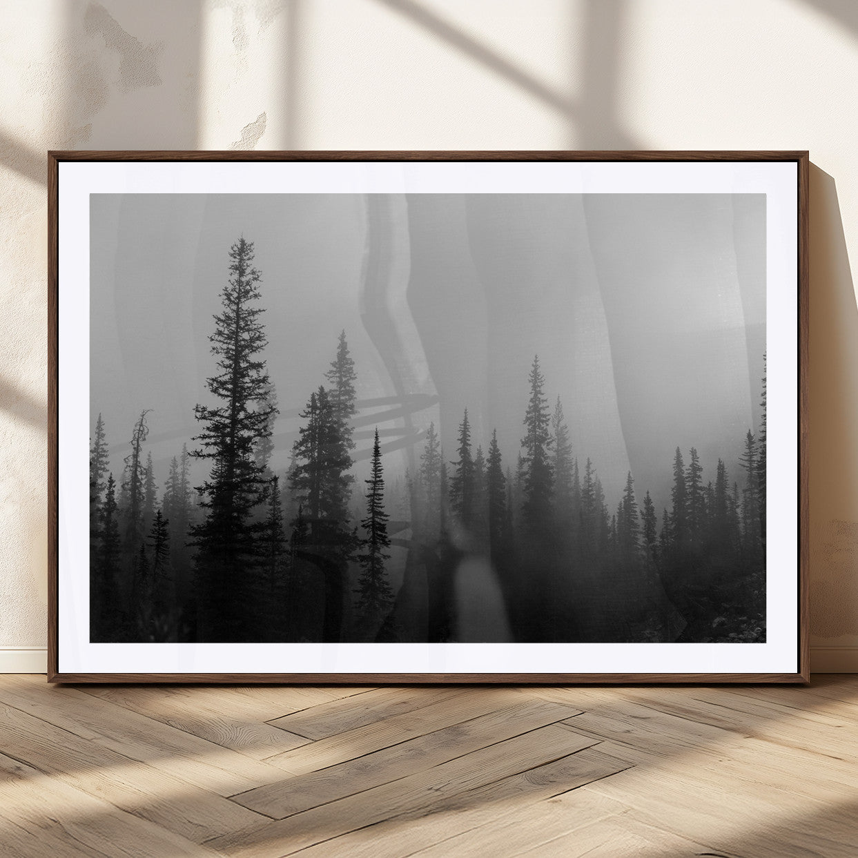 73138900-MGC-FP-36x24_Walnut-Misty Pines Wall Art Canvas Print, Framed Woodland Photography Art Picture Print, Minimalist Decor Perfect Modern Rustic Decor