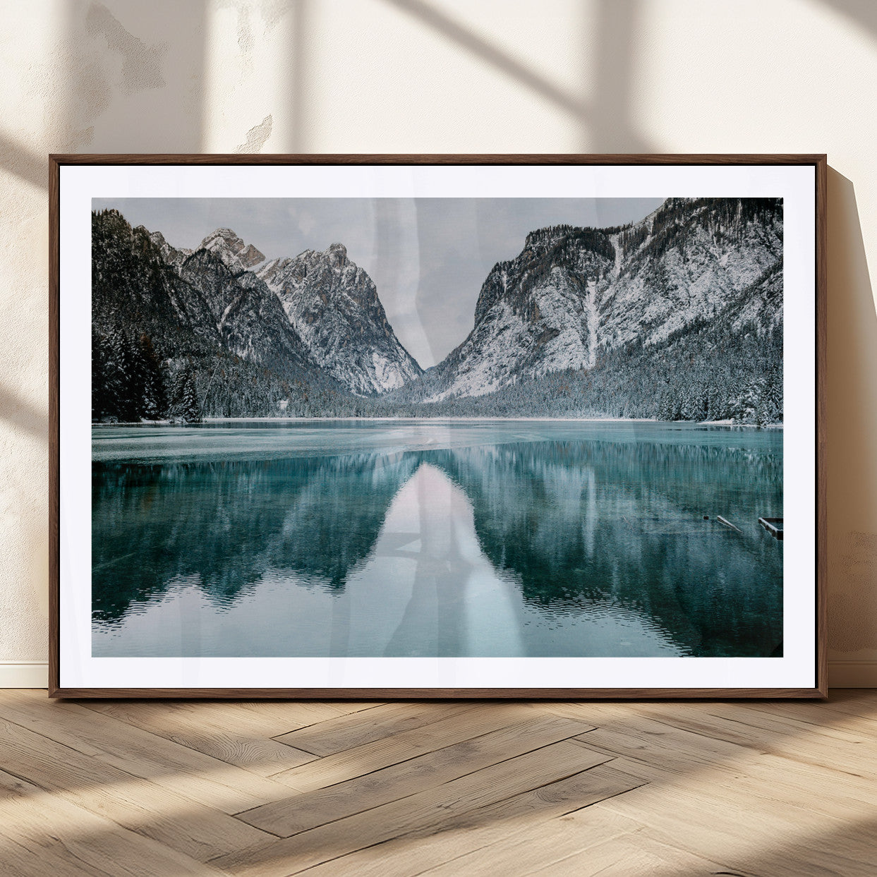 73098373-MGC-FP-36x24_Walnut-Mountain Lake Wall Art Canvas Print, Framed Winter Wonderland Art Picture Print, Snowy Peaks Perfect Modern Nature Decor Artwork