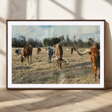 39144651-MGC-FP-36x24_Walnut-Texas Longhorns Wall Art Canvas Print, Framed Rustic Farm Scene Art Picture Print, Western Cattle Perfect Rustic Farmhouse Decor