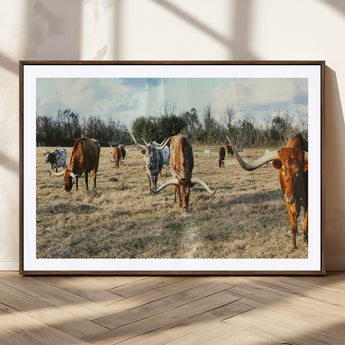 39144651-MGC-FP-36x24_Walnut-Texas Longhorns Wall Art Canvas Print, Framed Rustic Farm Scene Art Picture Print, Western Cattle Perfect Rustic Farmhouse Decor