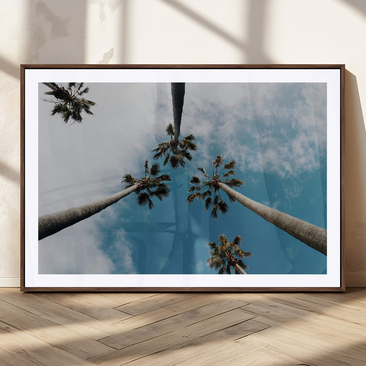 45236398-MGC-FP-36x24_Walnut-Tropical Palm Trees Wall Art Canvas Print, Framed California Sky Art Picture Print, Minimalist Nature Perfect Coastal Minimalist