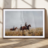 94723307-MGC-FP-36x24_Walnut-Western Cowboys Wall Art Canvas Print, Framed Rustic Prairie Art Picture Print, Horseback Riding Perfect Rustic Western Decor