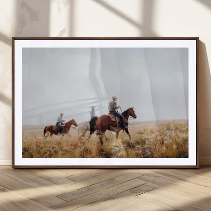 94723307-MGC-FP-36x24_Walnut-Western Cowboys Wall Art Canvas Print, Framed Rustic Prairie Art Picture Print, Horseback Riding Perfect Rustic Western Decor