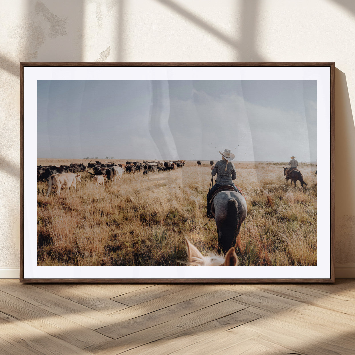22431577-MGC-FP-36x24_Walnut-Western Wall Art Wall Art Canvas Print, Framed Cowboy Canvas Art Picture Print, Cattle Drive Scene Perfect Rustic Western Decor