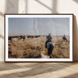 22431577-MGC-FP-36x24_Walnut-Western Wall Art Wall Art Canvas Print, Framed Cowboy Canvas Art Picture Print, Cattle Drive Scene Perfect Rustic Western Decor