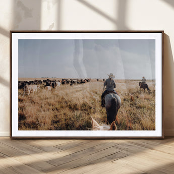 22431577-MGC-FP-36x24_Walnut-Western Wall Art Wall Art Canvas Print, Framed Cowboy Canvas Art Picture Print, Cattle Drive Scene Perfect Rustic Western Decor