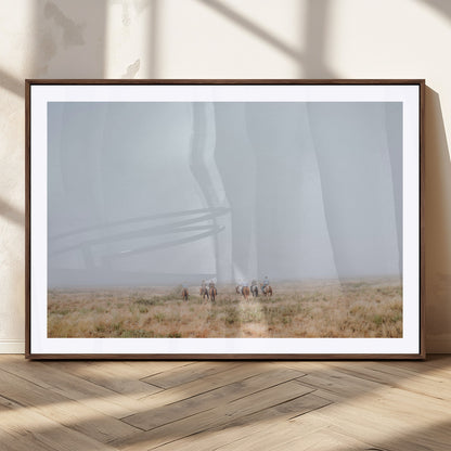 14761944-MGC-FP-36x24_Walnut-Foggy Plains Wall Art Canvas Print, Framed Horseback Riders Art Picture Print, Rustic Western Perfect Rustic Western Decor Artwork