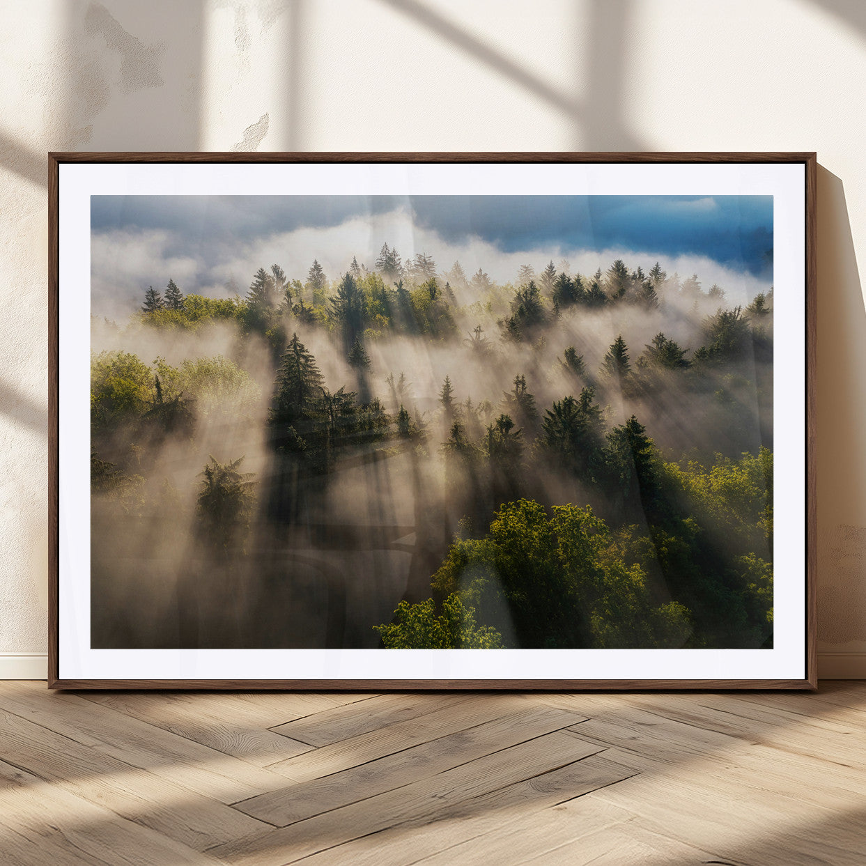 14785710-MGC-FP-36x24_Walnut-Tranquil Forest Scene Wall Art Canvas Print, Framed Sunbeam Through Trees Art Picture Print, Moody Green Wall Art Perfect