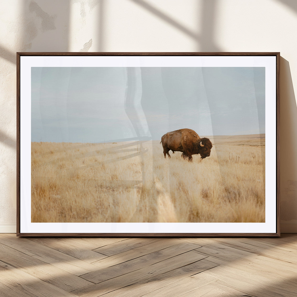 61392510-MGC-FP-36x24_Walnut-Buffalo Wall Art Wall Art Canvas Print, Framed Western Wildlife Decor Art Picture Print, Rustic Farmhouse Art Perfect Rustic