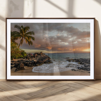 55108220-MGC-FP-36x24_Walnut-Tropical Beach Wall Art Canvas Print, Framed Hawaiian Sunset Art Picture Print, Ocean Waves Perfect Coastal Tropical Decor Artwork