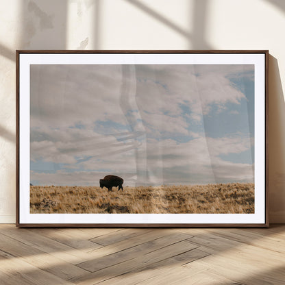 22754563-MGC-FP-36x24_Walnut-Earthy Tones Wall Art Canvas Print, Framed Rustic Nature Art Picture Print, Solitary Buffalo Perfect Western Minimalist Decor