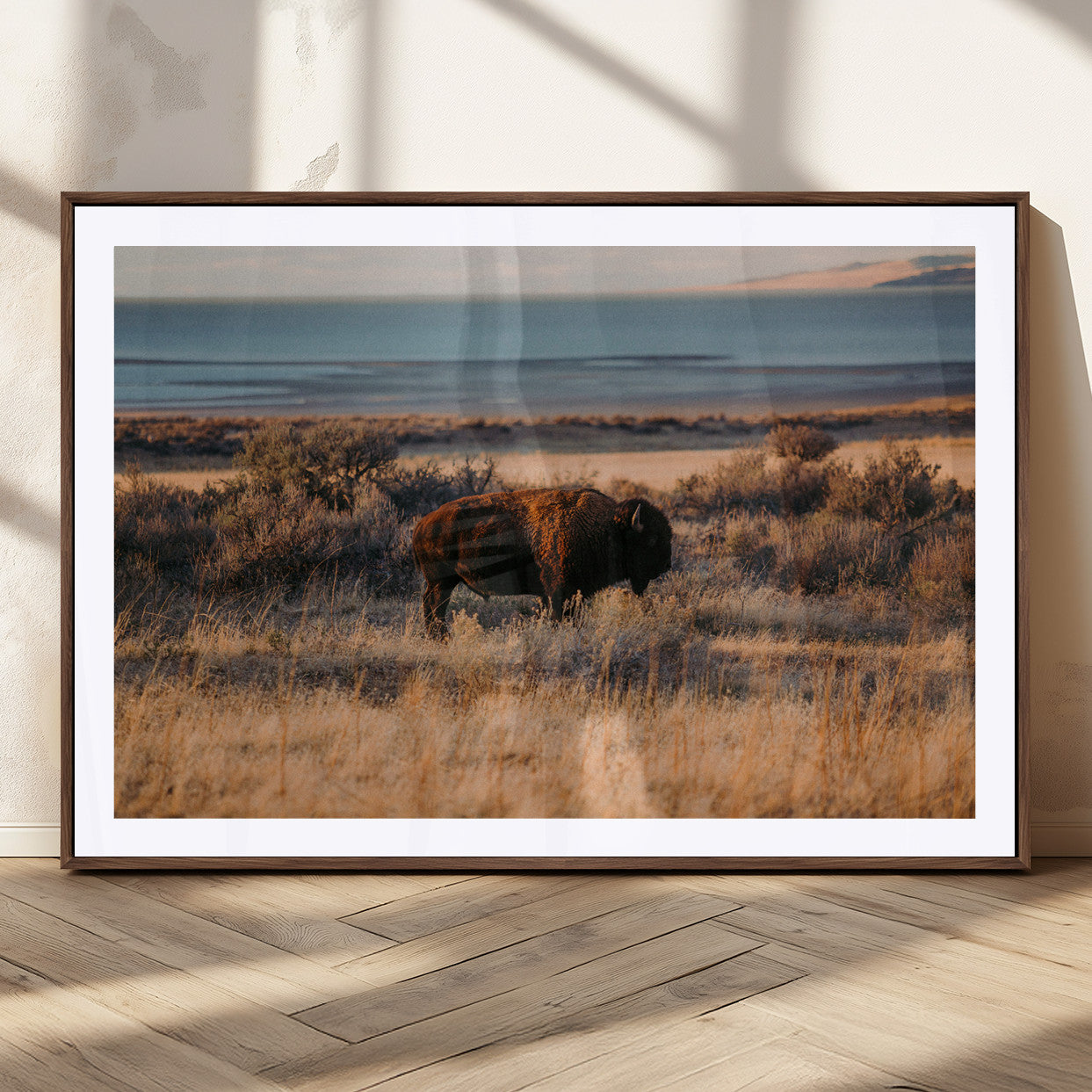 39509187-MGC-FP-36x24_Walnut-Western Wildlife Wall Art Canvas Print, Framed Bison Art Picture Print, Golden Hour Perfect Western Rustic Decor Artwork
