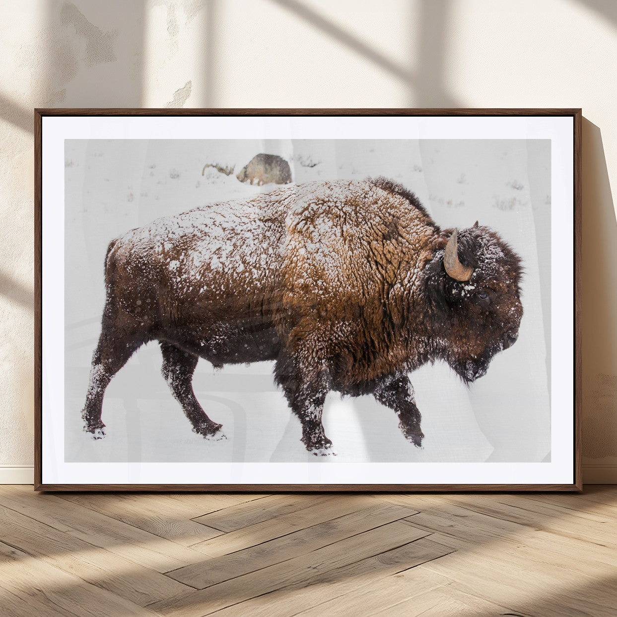 94261165-MGC-FP-36x24_Walnut-Snowy Buffalo Wall Art Canvas Print, Framed Wildlife Photography Art Picture Print, Brown Tones Perfect Rustic Lodge Decor Decor