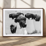 18914414-MGC-FP-36x24_Walnut-Buffalo Herd Wall Art Canvas Print, Framed Black and White Art Picture Print, Snowy Landscape Perfect Rustic Lodge Decor Decor