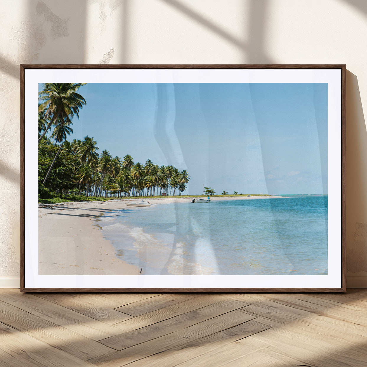 37858872-MGC-FP-36x24_Walnut-Palm Tree Coast Wall Art Canvas Print, Framed Island Getaway Art Picture Print, Crystal Blue Water Perfect Tropical Coastal Decor