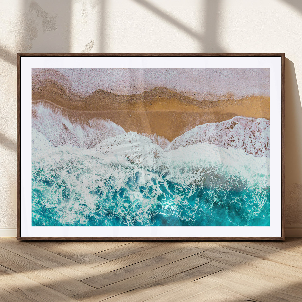 26870666-MGC-FP-36x24_Walnut-Aerial Beach Wall Art Canvas Print, Framed Ocean Waves Art Picture Print, Coastal Landscape Perfect Coastal Minimalist Decor
