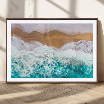 26870666-MGC-FP-36x24_Walnut-Aerial Beach Wall Art Canvas Print, Framed Ocean Waves Art Picture Print, Coastal Landscape Perfect Coastal Minimalist Decor