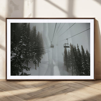 87018452-MGC-FP-36x24_Walnut-Ski Lift Wall Art Canvas Print, Framed Snowy Pines Art Picture Print, Misty Landscape Perfect Winter Serenity Decor Artwork