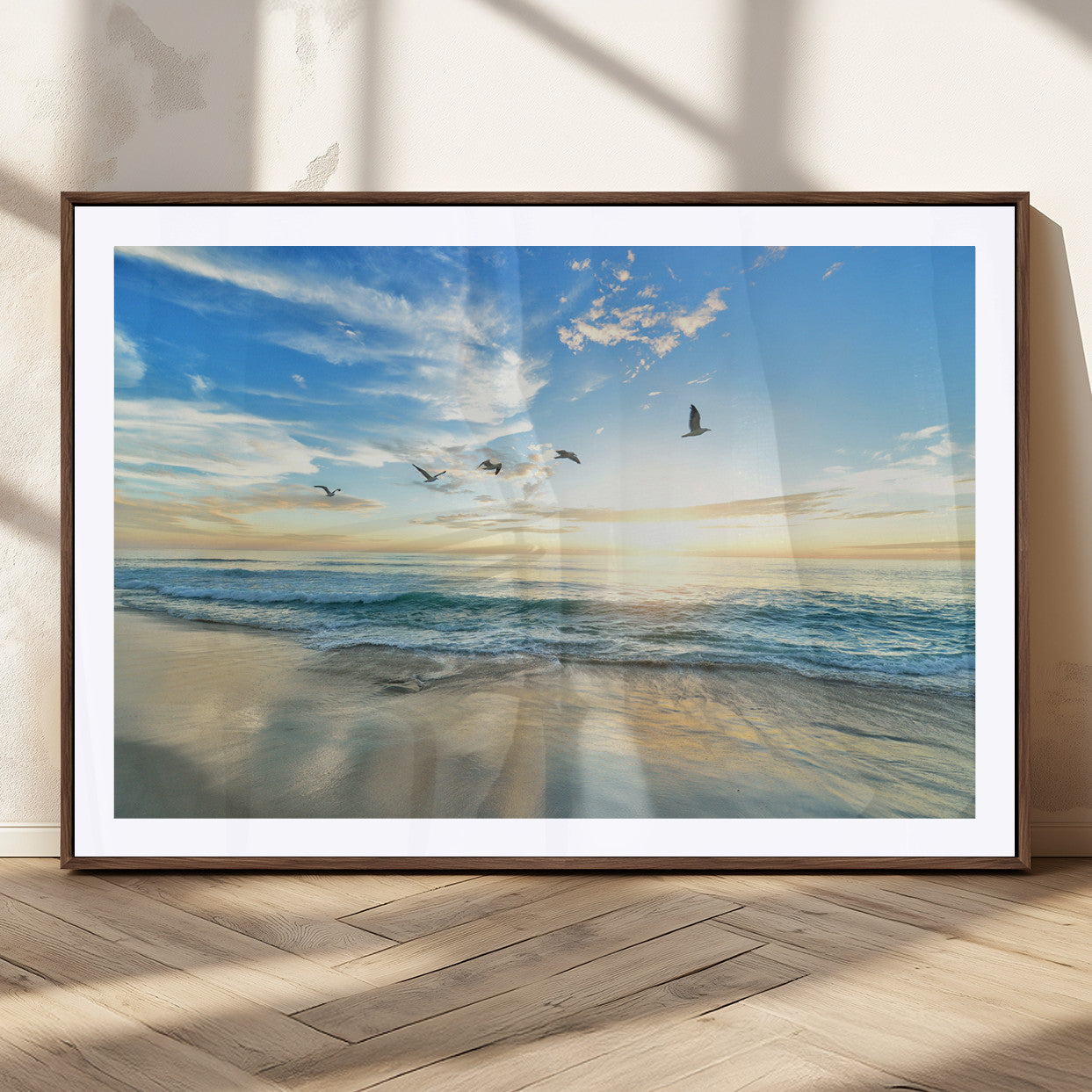 20708696-MGC-FP-36x24_Walnut-Minimalist Seaside Wall Art Canvas Print, Framed Morning Glow Art Picture Print, Golden Reflections Perfect Coastal Minimalist
