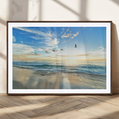 20708696-MGC-FP-36x24_Walnut-Minimalist Seaside Wall Art Canvas Print, Framed Morning Glow Art Picture Print, Golden Reflections Perfect Coastal Minimalist