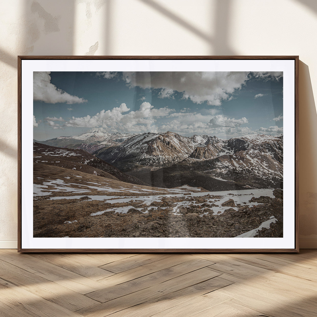 44565953-MGC-FP-36x24_Walnut-Mountain Landscape Wall Art Canvas Print, Framed Snowy Peaks Art Picture Print, Rugged Highlands Perfect Rustic Adventure Decor