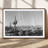 85205054-MGC-FP-36x24_Walnut-Saguaro Cactus Wall Art Canvas Print, Framed Monochrome Landscape Art Picture Print, Scenic Arizona View Perfect Minimalist