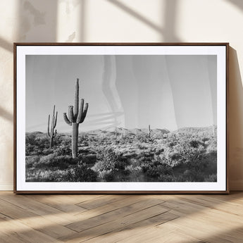 85205054-MGC-FP-36x24_Walnut-Saguaro Cactus Wall Art Canvas Print, Framed Monochrome Landscape Art Picture Print, Scenic Arizona View Perfect Minimalist